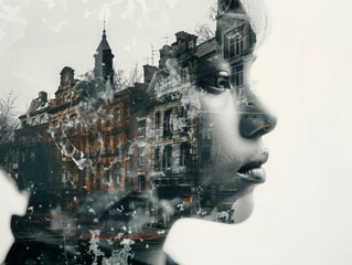 The photo is a double exposure of a young woman and an urban landscape