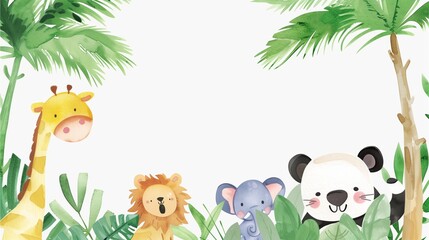 A watercolor painting featuring adorable jungle animals on a white background.