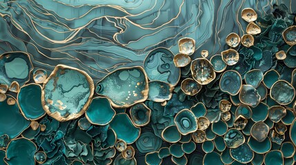 Abstract art installations in teal and gold, inspiring imagination and creativity.