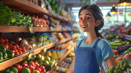 Obraz premium 3D style fruit supermarket and salespeople