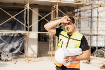 Tired Sweating Construction Worker On Building Site Under Sunlight