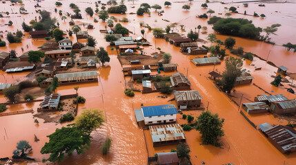 An aerial view of a remote countryside with floods from heavy rains. Climate change.