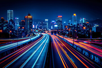 Fototapeta premium Long Exposure Photo of a Highway at Night with Vibrant City Lights and Skyscrapers, Long Exposure Photo of a Busy Urban Highway with Motion Blur During Evening Rush Hou