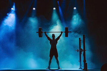 Silhouette of muscular man lifting barbel. Weight lifting athlete performing on stage with colorful spotlight