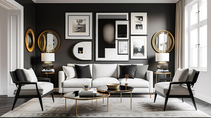 chic black and white gallery wall featuring gold frames, showcasing artwork, photographs, and mirrors