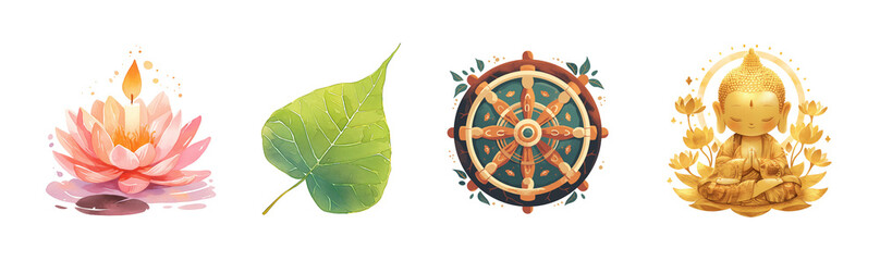 Collection of Vesak symbols illustrations, isolated on transparent background. Buddhist culture and holiday concept. Design for posters, greeting cards, stickers, t-shirts.