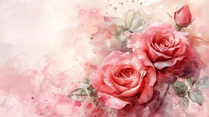 Stunning watercolor of pink roses with green leaves on a soft, pastel background, capturing the elegance and beauty of nature.