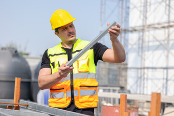 Focused Construction Worker Wearing Hard Hat and Safety Vest
