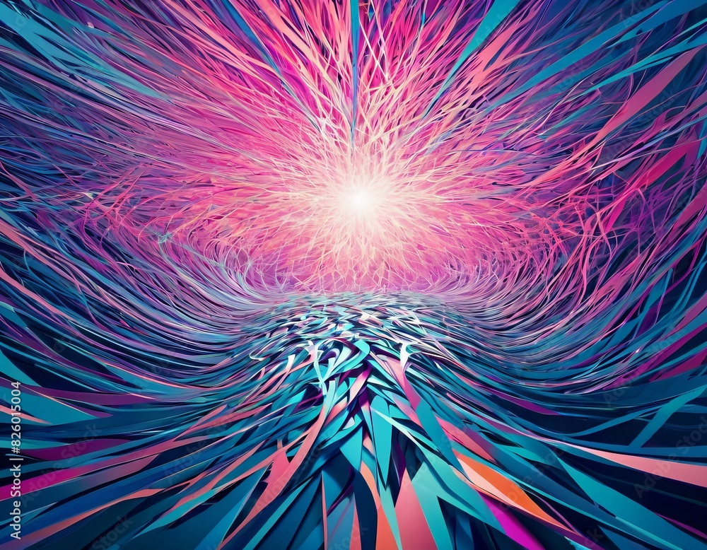Poster an abstract digital artwork with vibrant pink and blue swirls that create an illusion of movement an