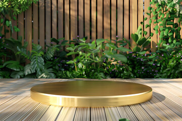 Empty gold circle podium product display with rustic outdoor space garden background.