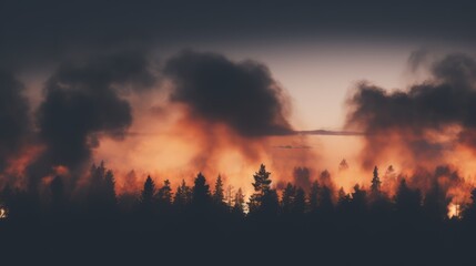 A wildfire in a forest at sunset with smoke clouds, depicting a dramatic natural disaster scene