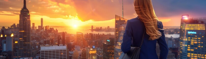 Businesswoman admiring a stunning sunset view of a city skyline from a rooftop, epitomizing success and ambition.
