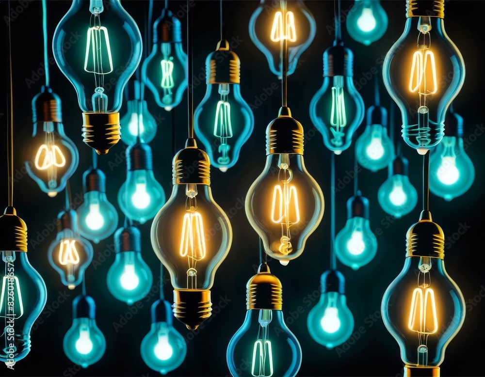 Poster an artistic display of various light bulbs, some lit and some not, against a dark background, evokin