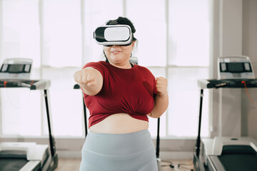 Woman Exercising with VR Headset on Treadmill in Gym