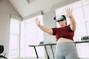 Woman Exercising with VR Headset on Treadmill in Gym