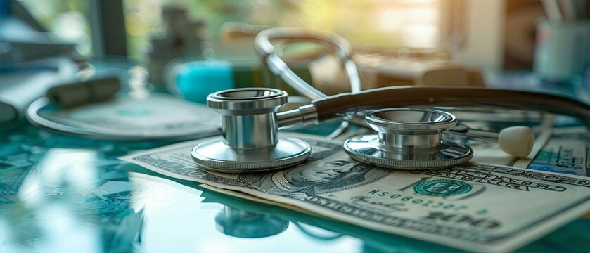 Close-up of a stethoscope and dollar bills on a reflective surface, symbolizing medical expenses and healthcare costs.