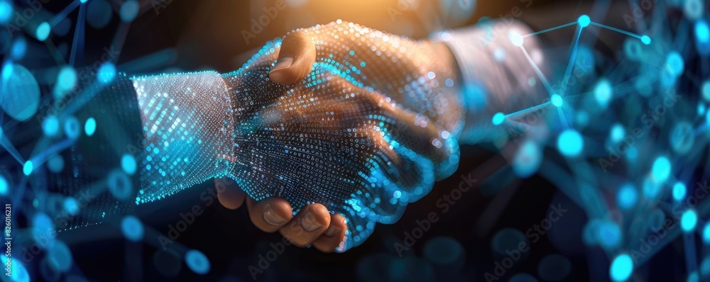 Poster digital handshake representing technology partnership and innovation in a connected world with blue 
