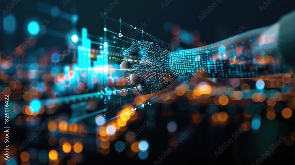 Poster futuristic technology digital process concept represented by a hand interacting with abstract data n
