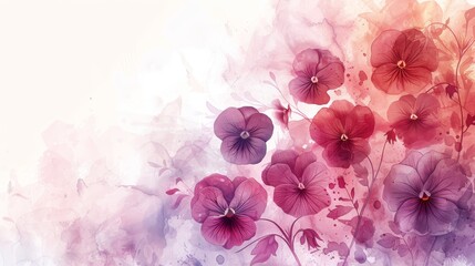 The image shows watercolor pansies in pink, purple and violet colors with soft edges on a white background.