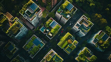 Top view of sustainable buildings with solar panels and green roofs.