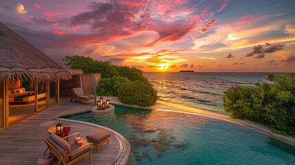 An overwater bungalow with an infinity pool, wooden deck and thatched roof overlooks the ocean at sunset