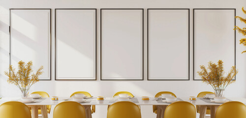 Five vertical frames on white wall in japandi dining room with mustard yellow accents, 5 empty...