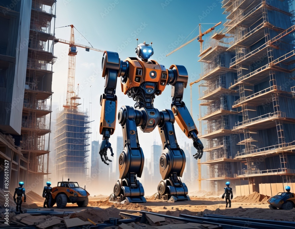 Poster a towering orange robot with a friendly expression assists at a construction site, with workers and 