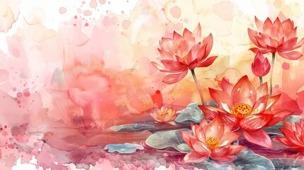 The watercolor painting shows several red lotus flowers in a pond with green lily pads. The background is a light pink.