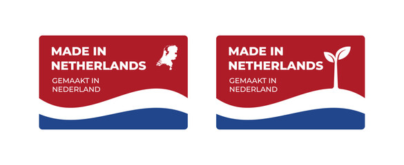 A set of rectangular Made in Netherlands label stickers with a map and flag of Netherlands isolated on a white background. Banner, sign, template. Vector illustration