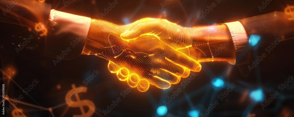 Poster digital handshake symbolizing futuristic business partnership and technology integration with glowin