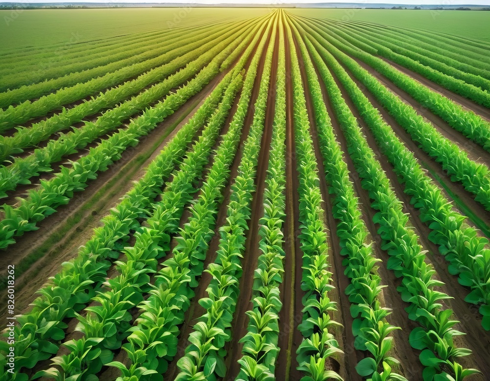 Poster an aerial view of endless green crop rows extending to the horizon bathed in soft sunlight.. ai gene