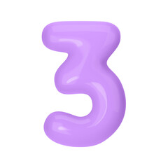 Numeral 3 - Violet Plastic Balloon Number three Isolated on White Background. 3D Style Vector Illustration