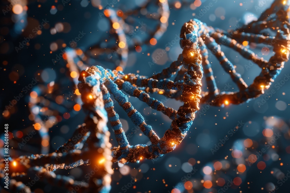 Poster sparkling dna helix with a blend of blue and green hues, symbolizing the intricate complexity and sc
