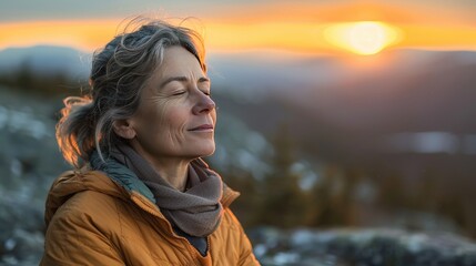 A middle-aged woman meditating on a mountaintop at sunset, finding peace and tranquility in nature.