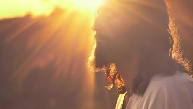Jesus Christ portrait in rays of holy divine light rays at sunset - 4k new stock video footage AI
