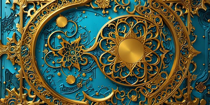 fond d'&eacute;cran en relief, avec un motif dor&eacute; et bleu. Style de sculpture arabe