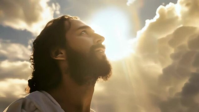 Jesus Christ portrait in rays of holy divine light rays at sunset - 4k new stock video footage AI