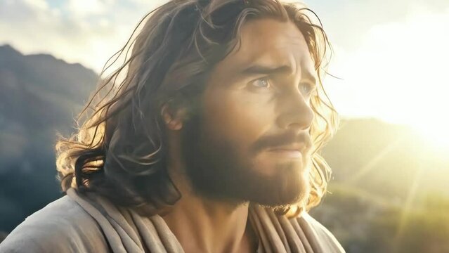 Jesus Christ portrait in rays of holy divine light rays at sunset - 4k new stock video footage AI