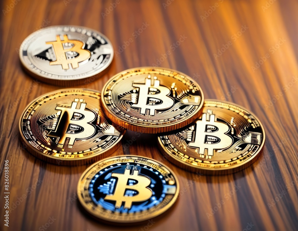Poster a close-up view of various bitcoin tokens artistically placed on a polished wooden surface, symboliz