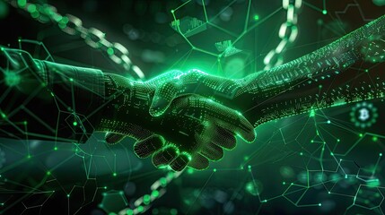 Futuristic handshake concept between human and AI, symbolizing digital collaboration, technology partnership, and innovation in green tone.