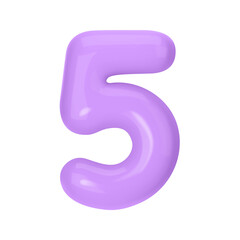 Numeral 5 - Violet Plastic Balloon Number five Isolated on White Background. 3D Style Vector Illustration