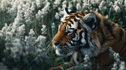 Majestic tiger prowls through a field of blooming flowers, embodying wild grace.