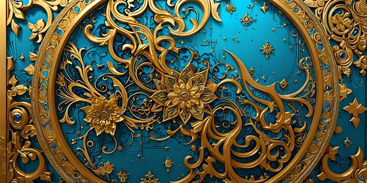 fond d'écran en relief, avec un motif doré et bleu. Style de sculpture arabe