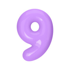 Numeral 9 - Violet Plastic Balloon Number nine Isolated on White Background. 3D Style Vector Illustration