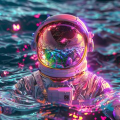 Astronaut Floating in Neon Space Water