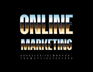 Vector business icon Online Marketing. Reflective Metallic Font Elegant Silver Alphabet Letters and Numbers set.