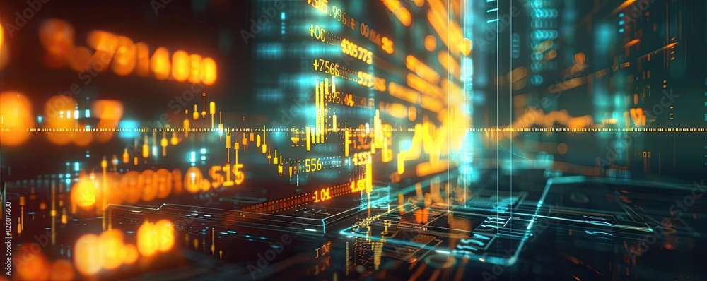 Poster futuristic digital stock market data visualization with glowing charts and numbers in abstract techn