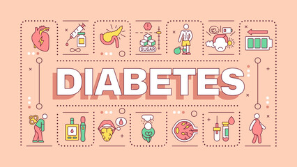 Diabetes pink word concept. Chronic illness. Symptoms and treatment. Blood glucose levels. Typography banner. Vector illustration with title text, editable icons color. Hubot Sans font used