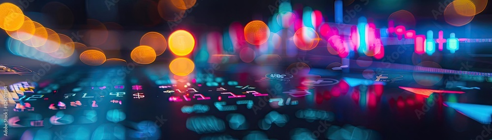Poster vibrant abstract background with colorful bokeh lights and digital patterns, perfect for technology 