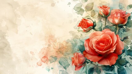 Obraz premium Watercolor painting of red roses with a soft, dreamy background, depicting a delicate floral arrangement in an artistic style.